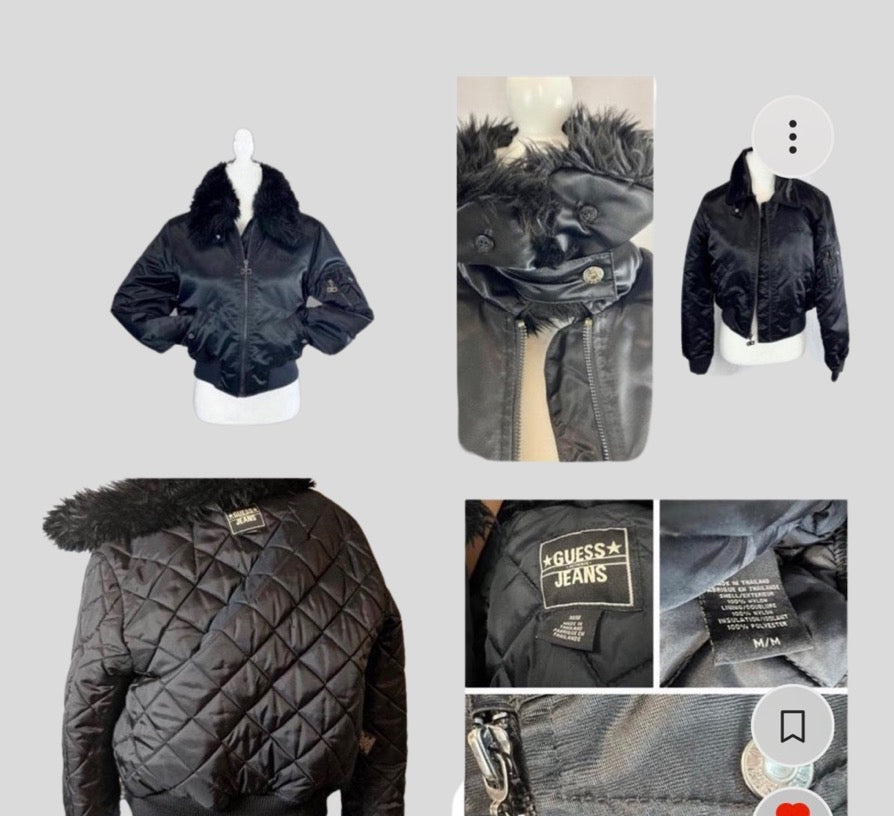 Vintage Guess Black Satin Bomber Jacket Faux Fur Collar