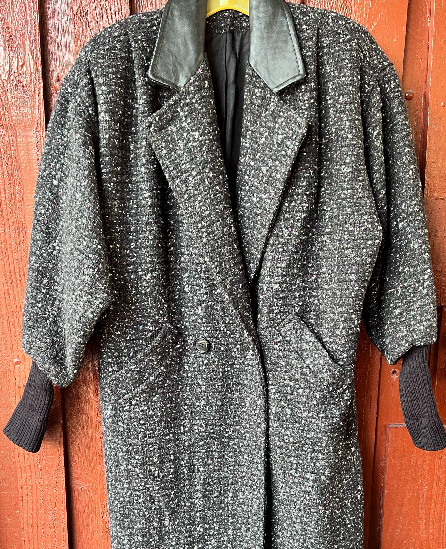 Vintage Wool Tweed Coat with Leather Collar