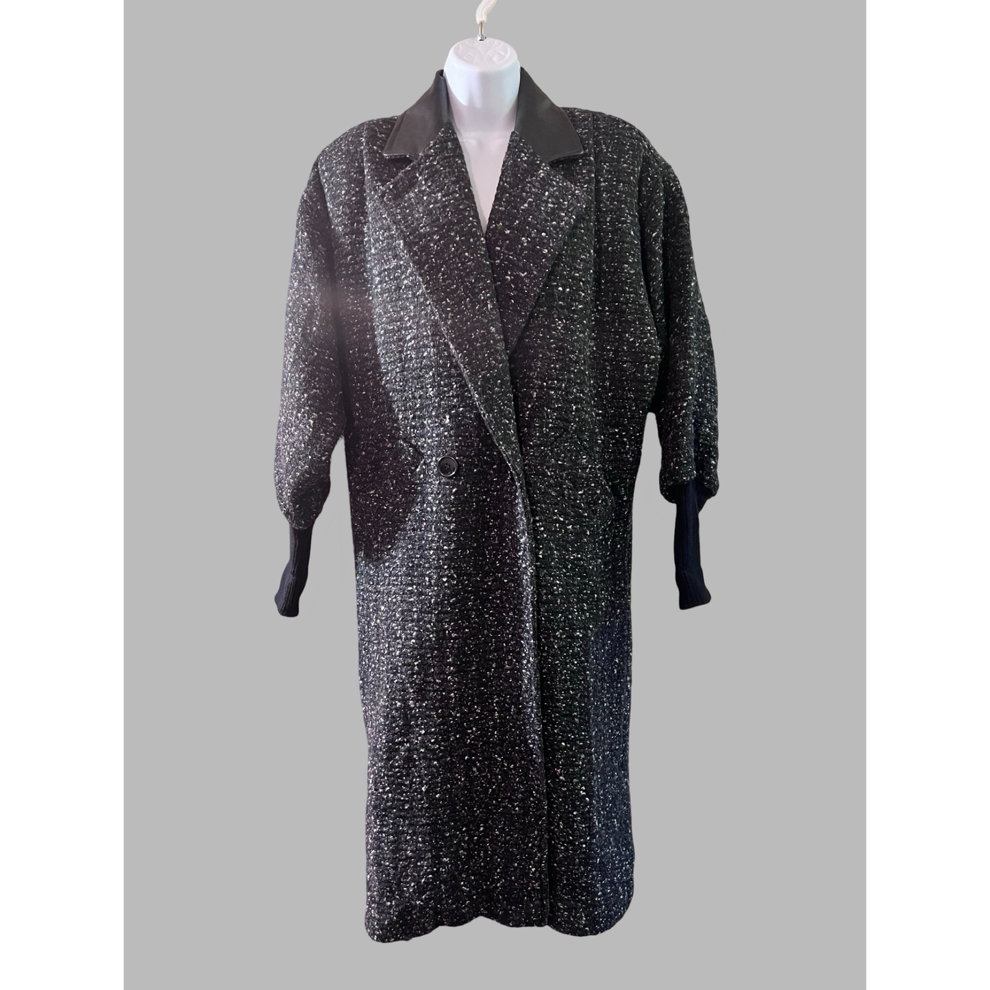 Vintage Wool Tweed Coat with Leather Collar