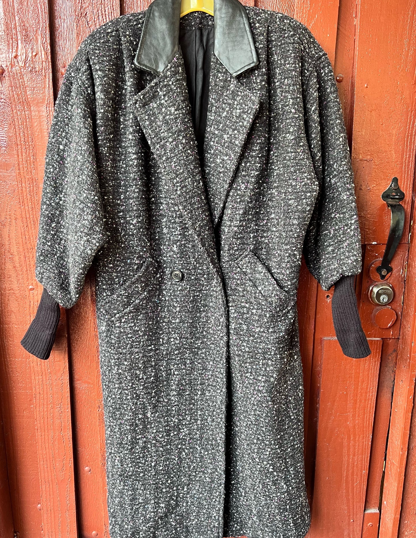 Vintage Wool Tweed Coat with Leather Collar