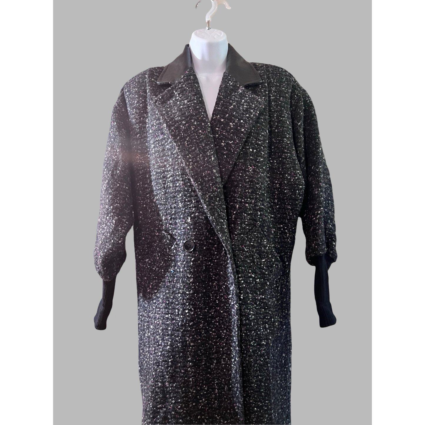 Vintage Wool Tweed Coat with Leather Collar