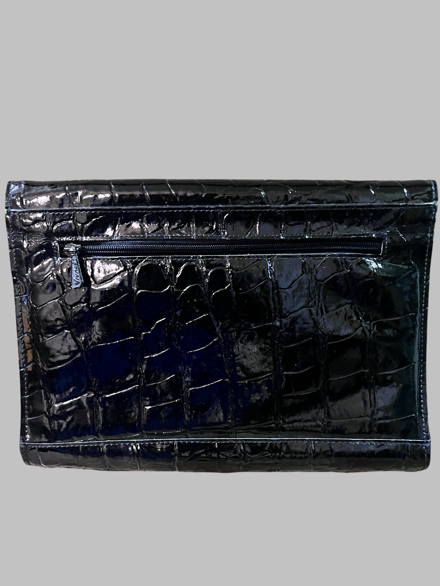 Vintage Black Croc Embossed Vegan Faux Leather Fold Over Clutch Handbag Purse