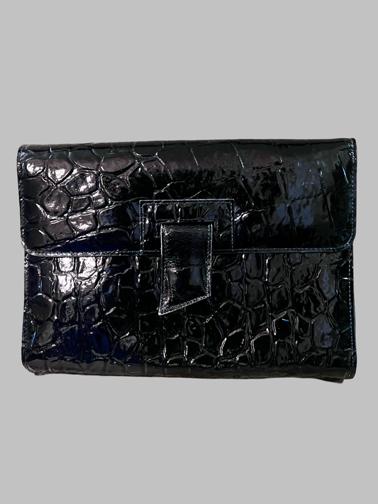 Vintage Black Croc Embossed Vegan Faux Leather Fold Over Clutch Handbag Purse