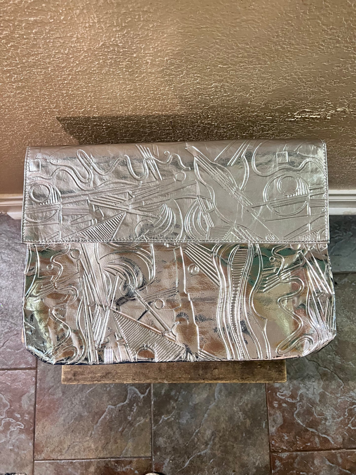 Vintage 80s Silver Metallic Large Vinyl Envelope Clutch