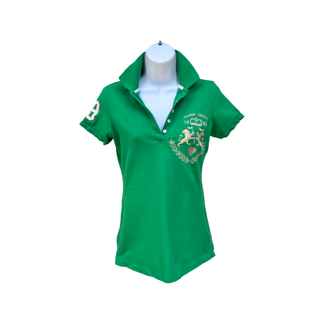 Women’s Vintage Green Short Sleeve Polo Express Gold Embroidered Lions Crest