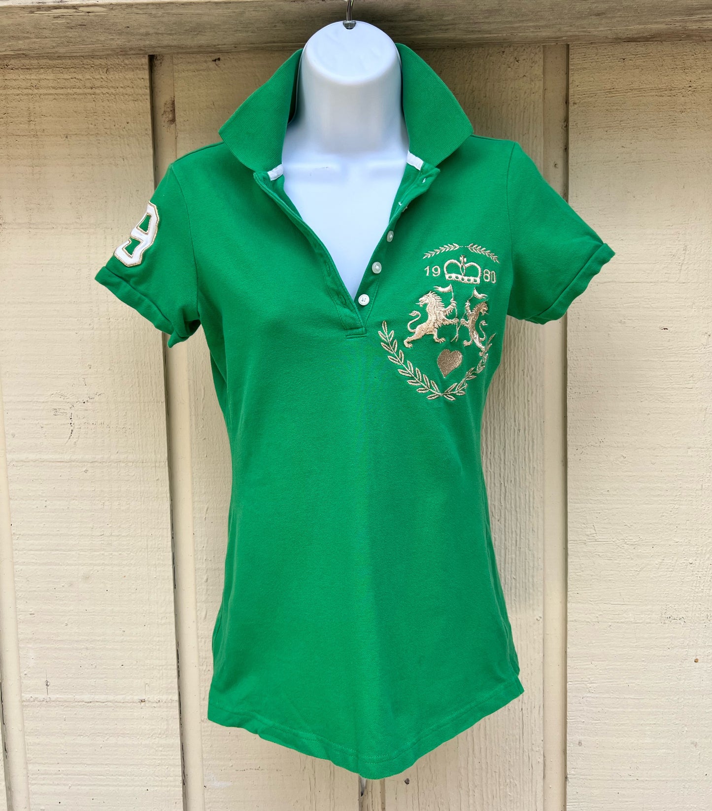 Women’s Vintage Green Short Sleeve Polo Express Gold Embroidered Lions Crest